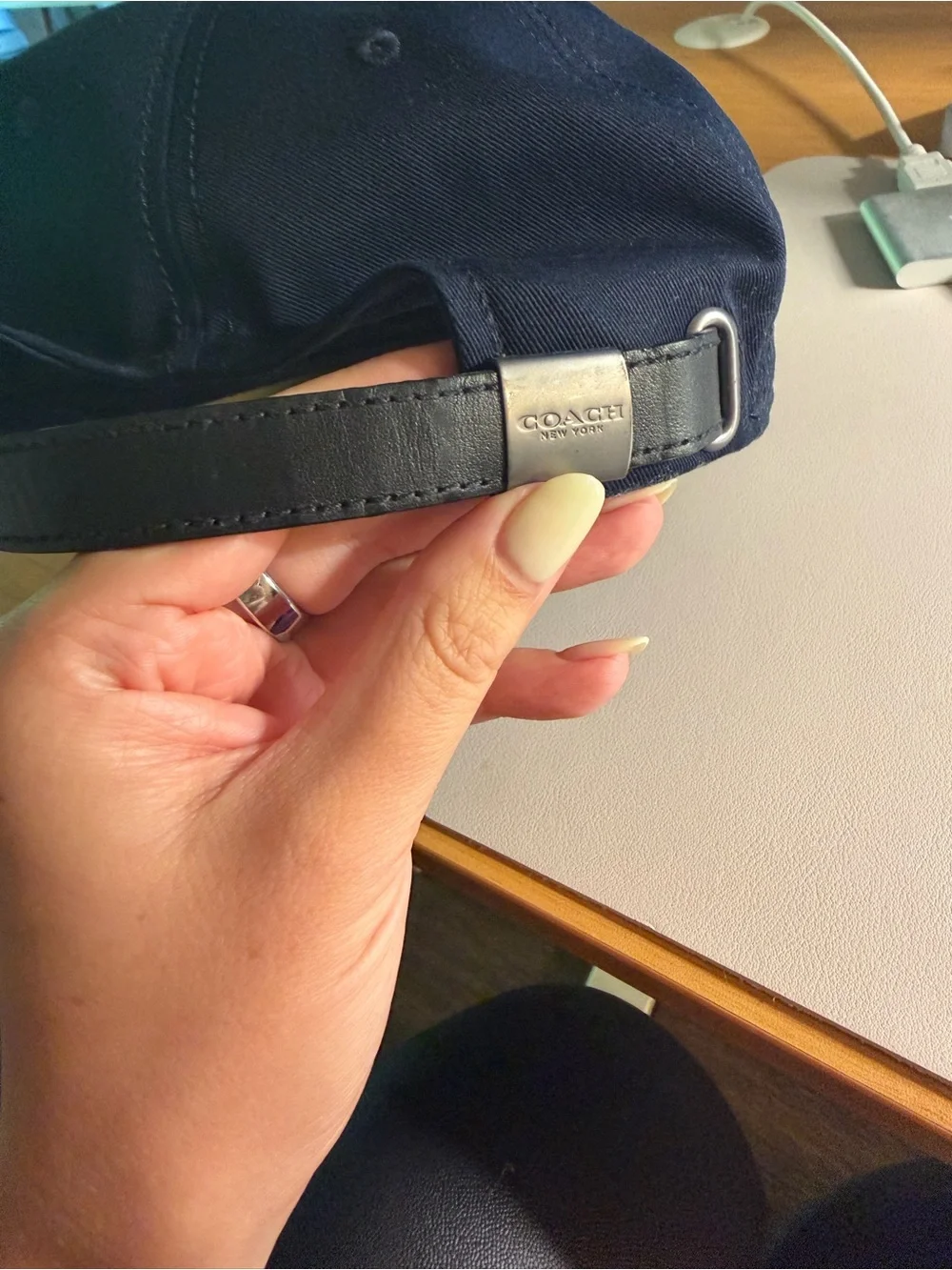 Coach Navy Cap with Black Leather Logo Patch